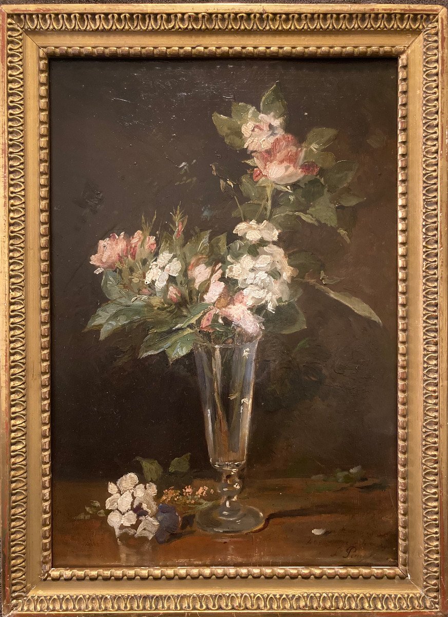 Lucien Penet. Fleurs Dans Un Verre Champenois. Fin XIXème.-photo-5