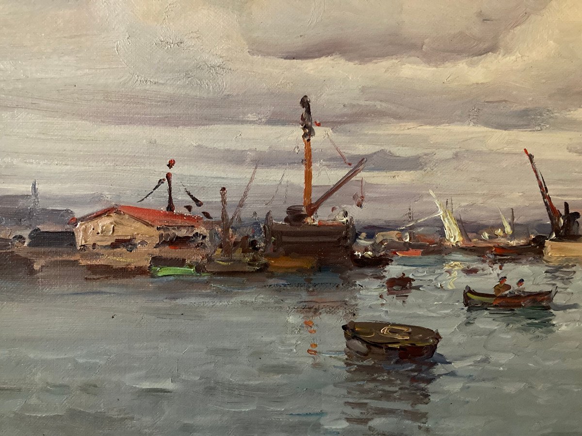 19th Century Impressionist Canvas. The Lively Port Of Le Havre. Signed Colin.-photo-1