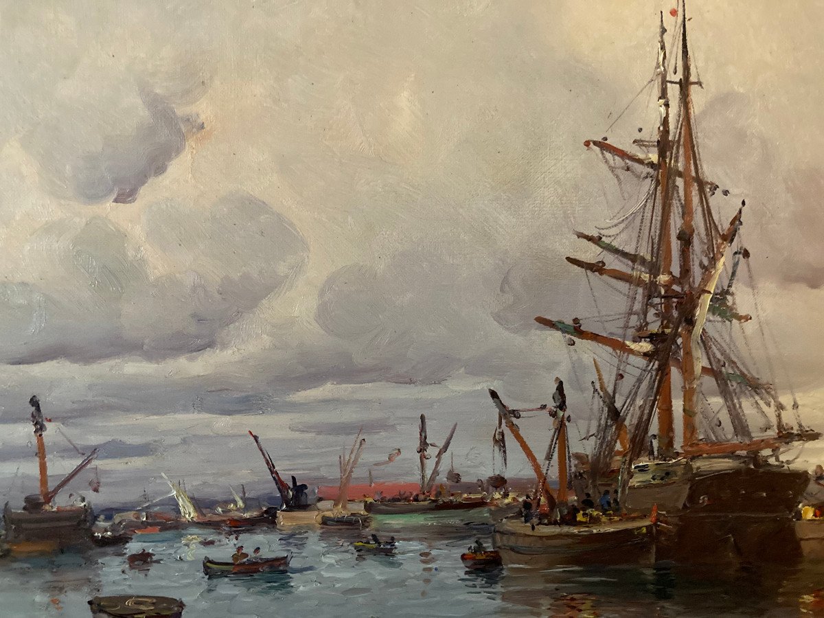 19th Century Impressionist Canvas. The Lively Port Of Le Havre. Signed Colin.-photo-3