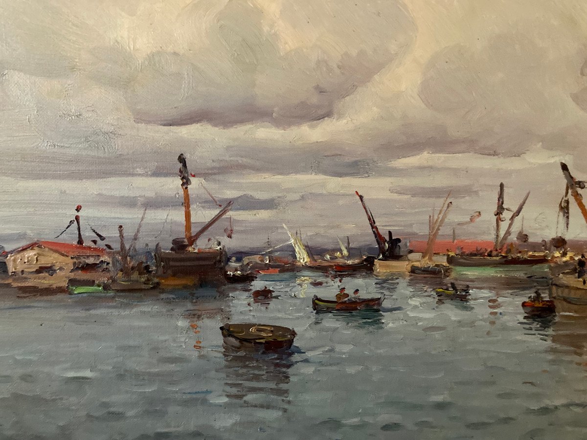 19th Century Impressionist Canvas. The Lively Port Of Le Havre. Signed Colin.-photo-4