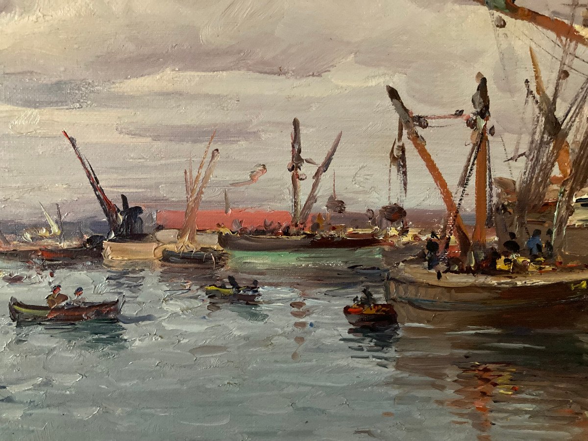 19th Century Impressionist Canvas. The Lively Port Of Le Havre. Signed Colin.-photo-5