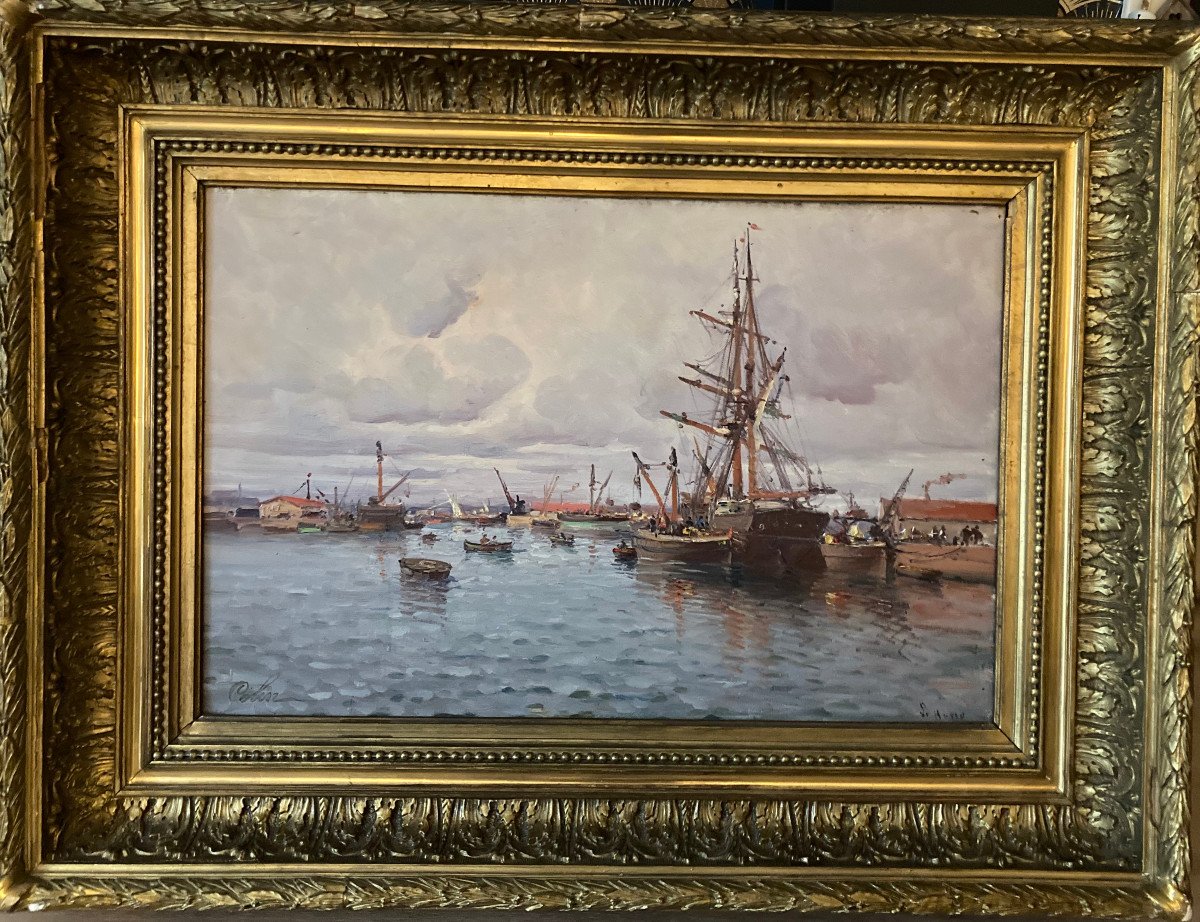 19th Century Impressionist Canvas. The Lively Port Of Le Havre. Signed Colin.