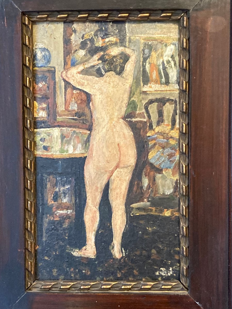 Femme à Sa Toilette. Huile Sur Carton Fin XIXème. Trace De Monogramme En Bas à Droite.-photo-3