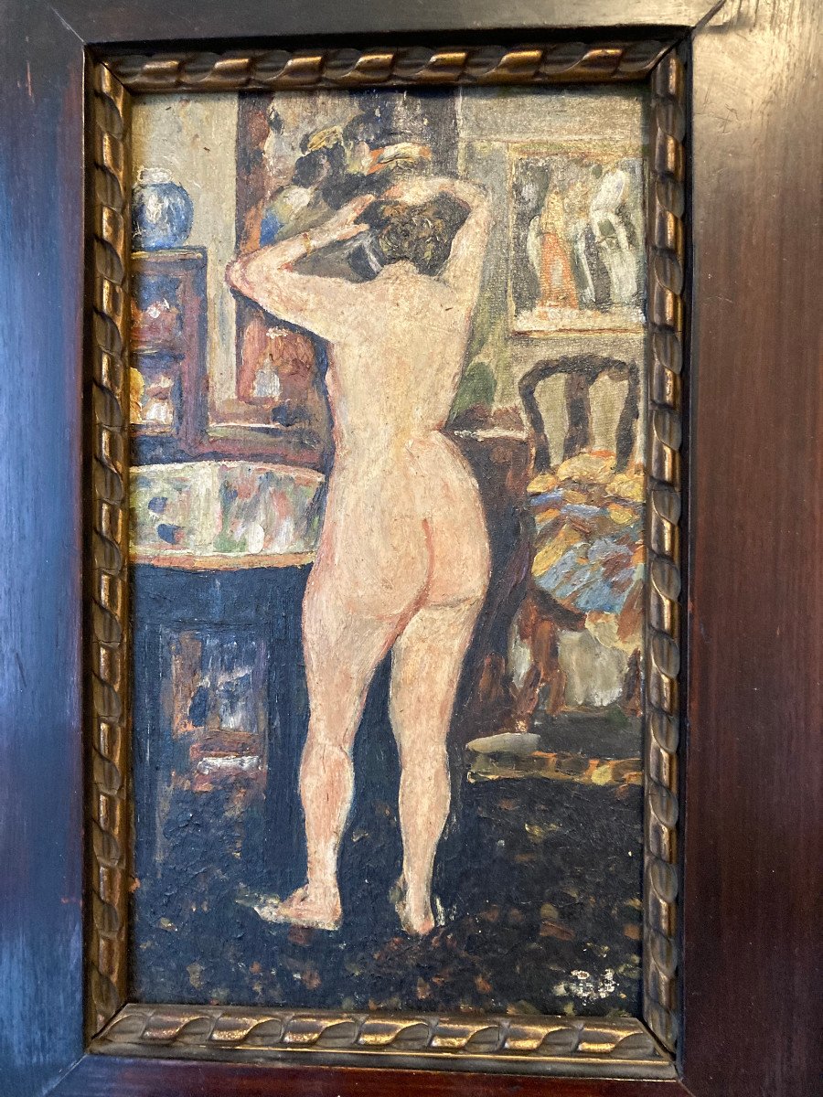 Femme à Sa Toilette. Huile Sur Carton Fin XIXème. Trace De Monogramme En Bas à Droite.-photo-4