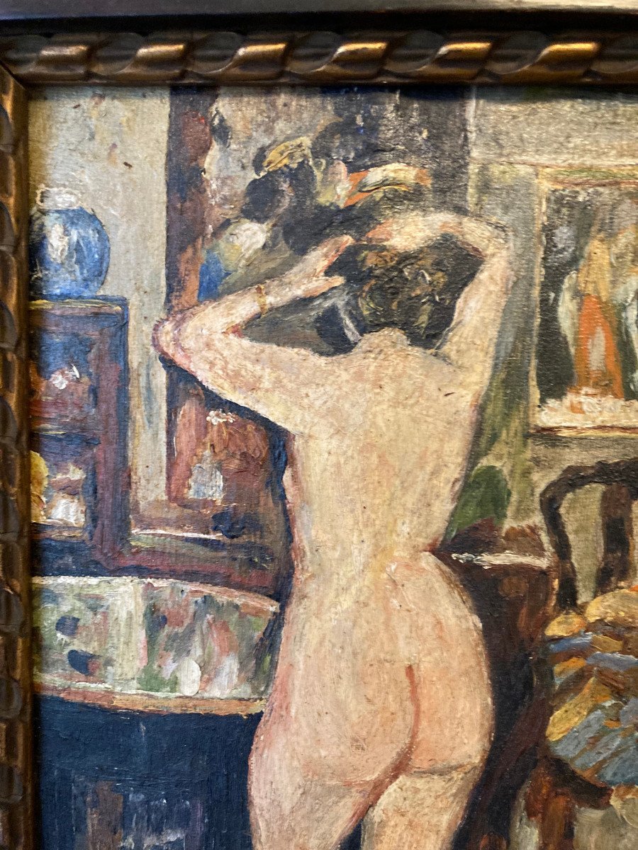 Femme à Sa Toilette. Huile Sur Carton Fin XIXème. Trace De Monogramme En Bas à Droite.-photo-2