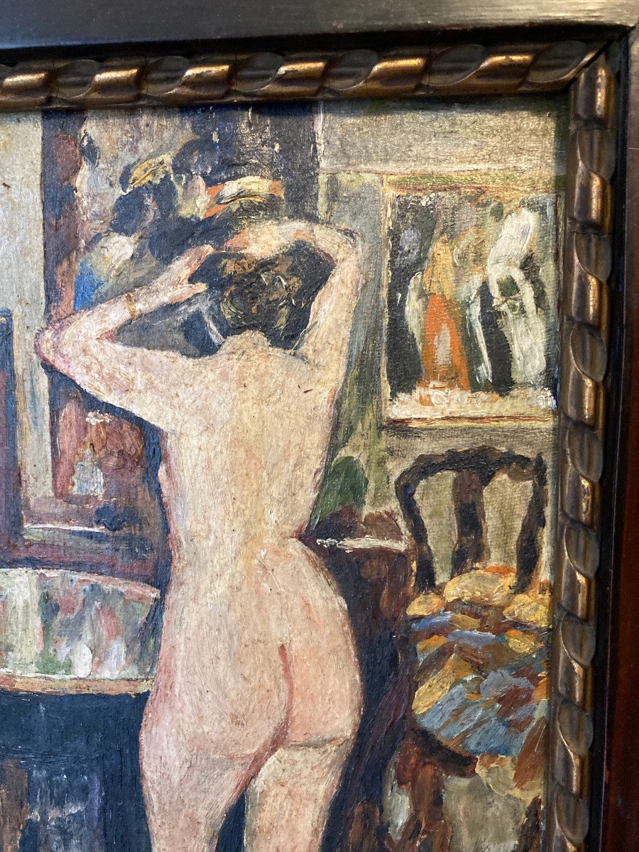 Femme à Sa Toilette. Huile Sur Carton Fin XIXème. Trace De Monogramme En Bas à Droite.-photo-3