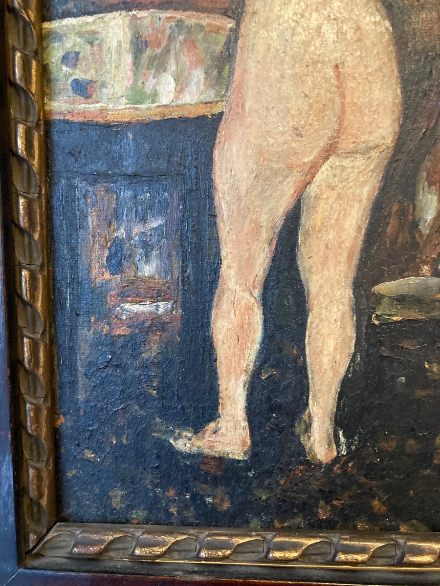 Femme à Sa Toilette. Huile Sur Carton Fin XIXème. Trace De Monogramme En Bas à Droite.-photo-5