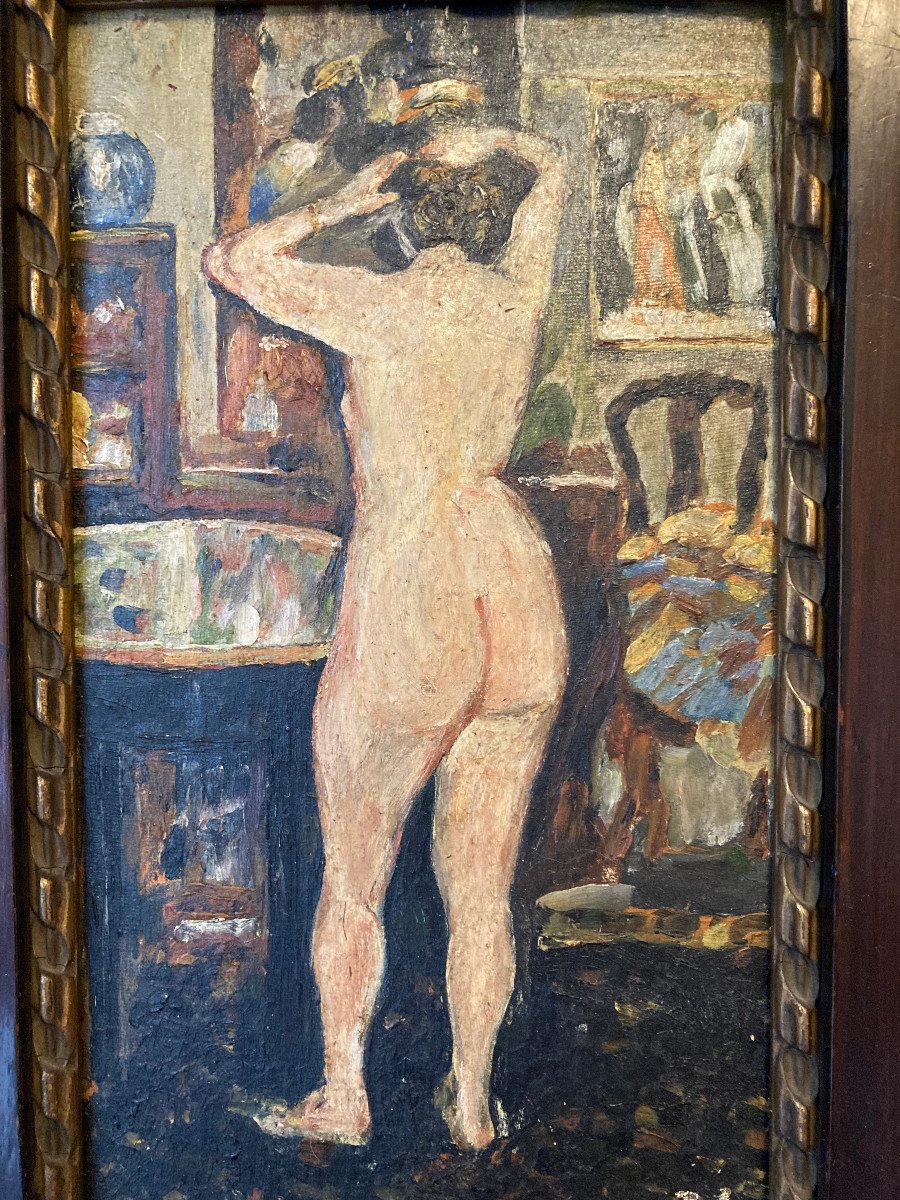 Femme à Sa Toilette. Huile Sur Carton Fin XIXème. Trace De Monogramme En Bas à Droite.-photo-6