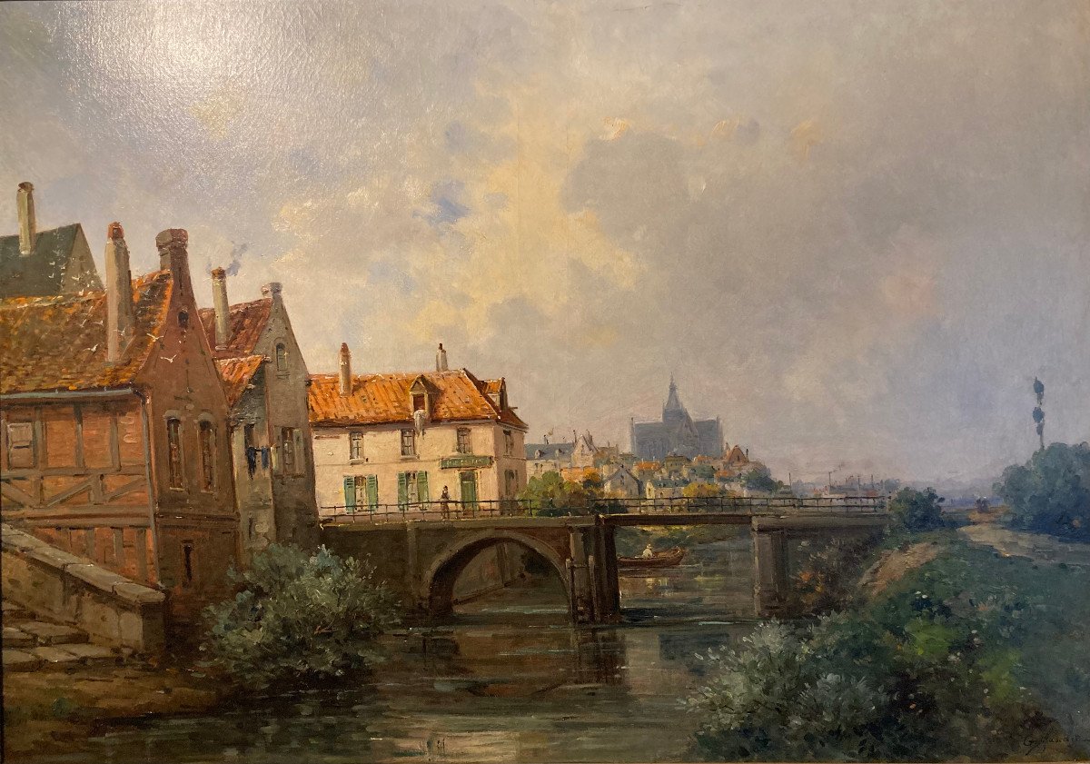 Canal Et Pont Près d' Une Ville Du Nord Avec Cathédrale. Signé Mascart. Ecole Française Du XIXè-photo-2