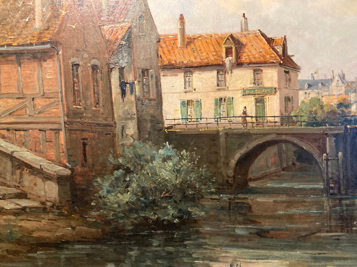 Canal Et Pont Près d' Une Ville Du Nord Avec Cathédrale. Signé Mascart. Ecole Française Du XIXè-photo-2