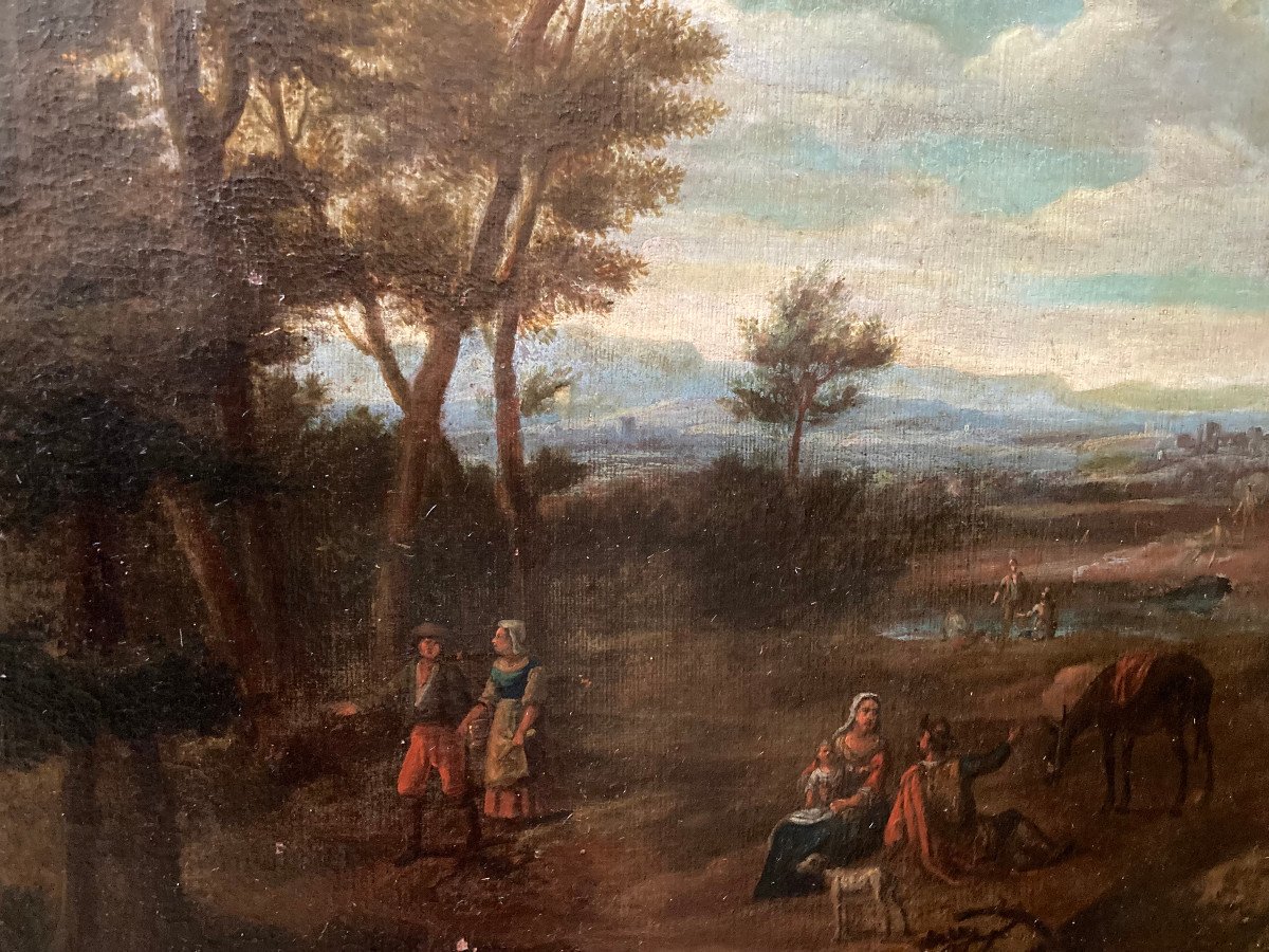 Oil On Canvas From The 18th Century. Circle Of Claudot Of Nancy. Animated Classical Landscape.-photo-4