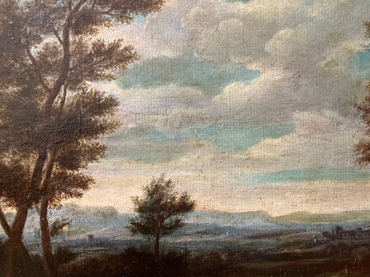 Oil On Canvas From The 18th Century. Circle Of Claudot Of Nancy. Animated Classical Landscape.-photo-3