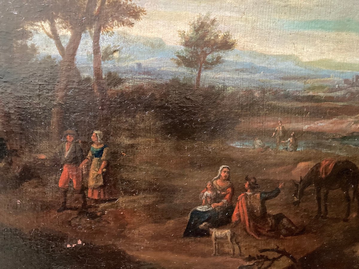 Oil On Canvas From The 18th Century. Circle Of Claudot Of Nancy. Animated Classical Landscape.-photo-4