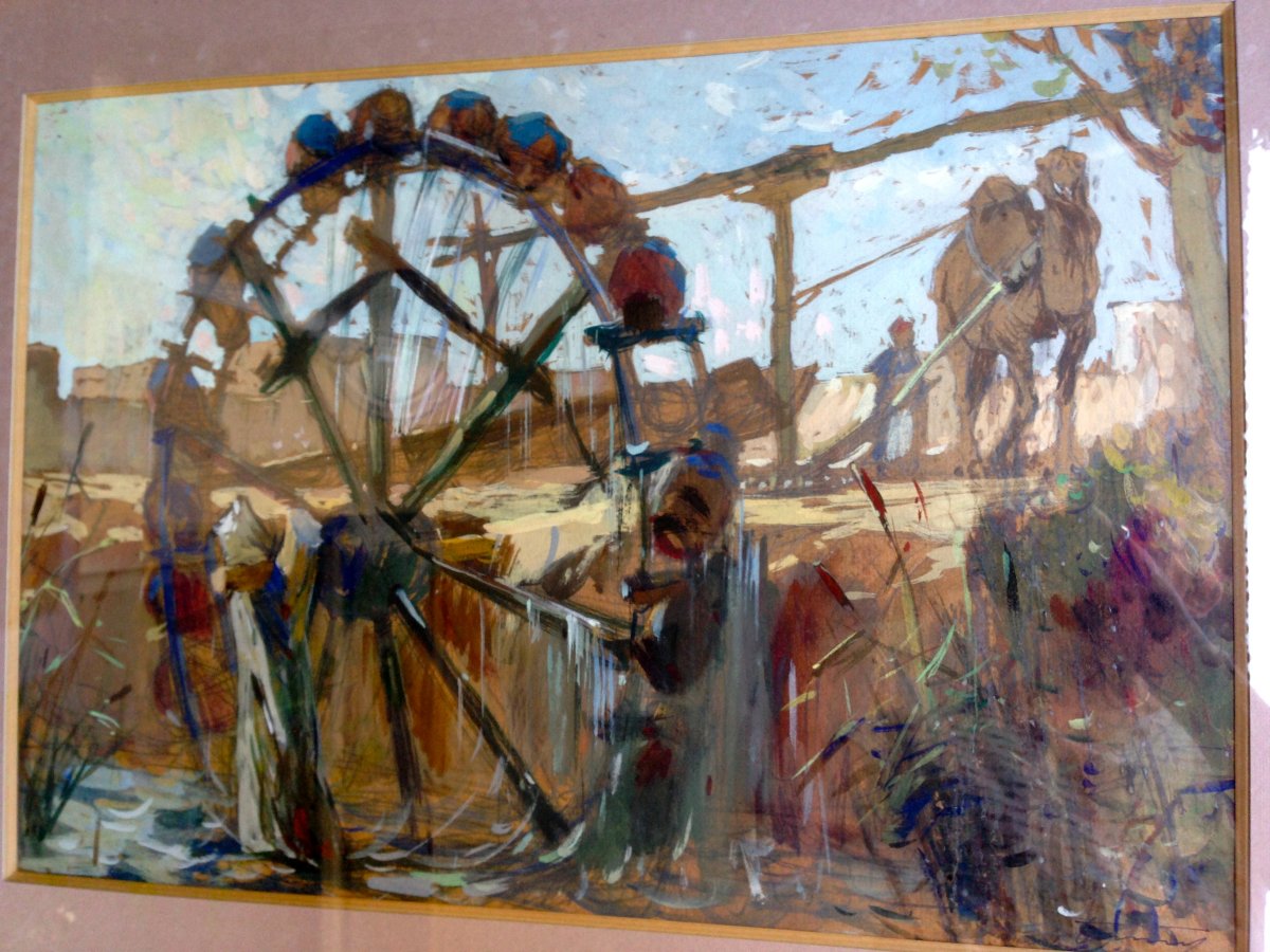 Great Orientalist Gouache. The Big Water Wheel.-photo-2