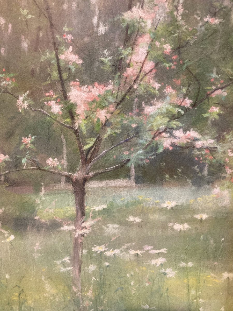 Young Girl With Country Bouquet Near A Blossoming Cherry Tree. Pastel Signed And Dated 88.-photo-3