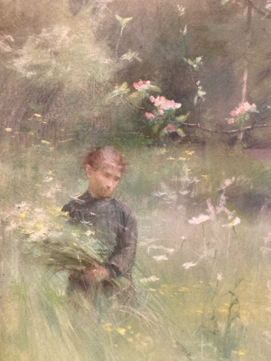 Jeune Fille Au Bouquet  Champêtre Près d' Un Cerisier En Fleurs. Pastel  Signé Et Daté 88.-photo-4