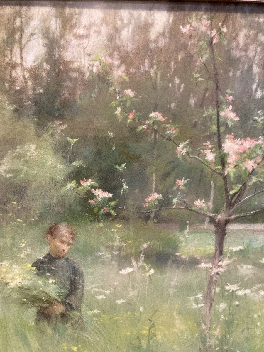 Young Girl With Country Bouquet Near A Blossoming Cherry Tree. Pastel Signed And Dated 88.-photo-5