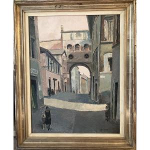 Mediterranean Village Street. Signed L. Bonamici. Twentieth Century.