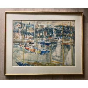 Le Port De Deauville. Pierre Gaillardot. (1910-2002). Grande Aquarelle.