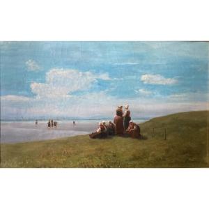 Fishing On Foot. 19th Century Canvas. Signed.