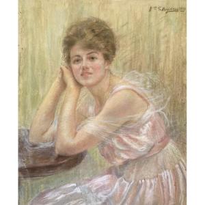 Large Pastel. Portrait Signed De Mazières 1918. 