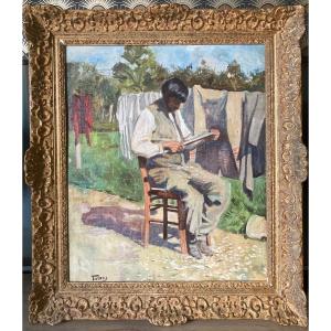 Luthier In His Garden. Illegible Signature. Canvas Mounted On Wood, Early 20th Century.