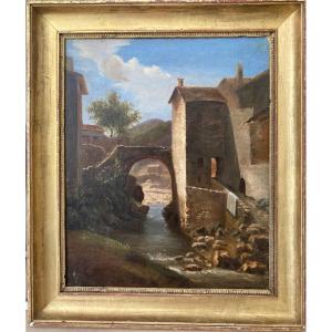 Stream Crossing A Village. Neoclassical Landscape From The Early 19th Century. 