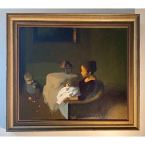 Miljenko Stancic. M&egrave;re Et Son Enfant Dans Un Int&eacute;rieur. Ecole Croate Du XX&egrave;me Si&egrave;cle