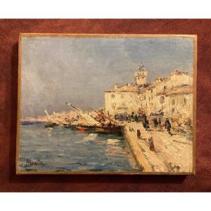 Charming Impressionist Scene Of A Busy Mediterranean Port. Late 19th Century. Signed ?