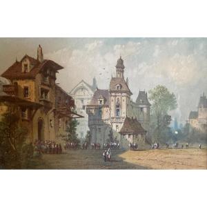 Gouache XIXème Siècle. Vue Animée De Ville.