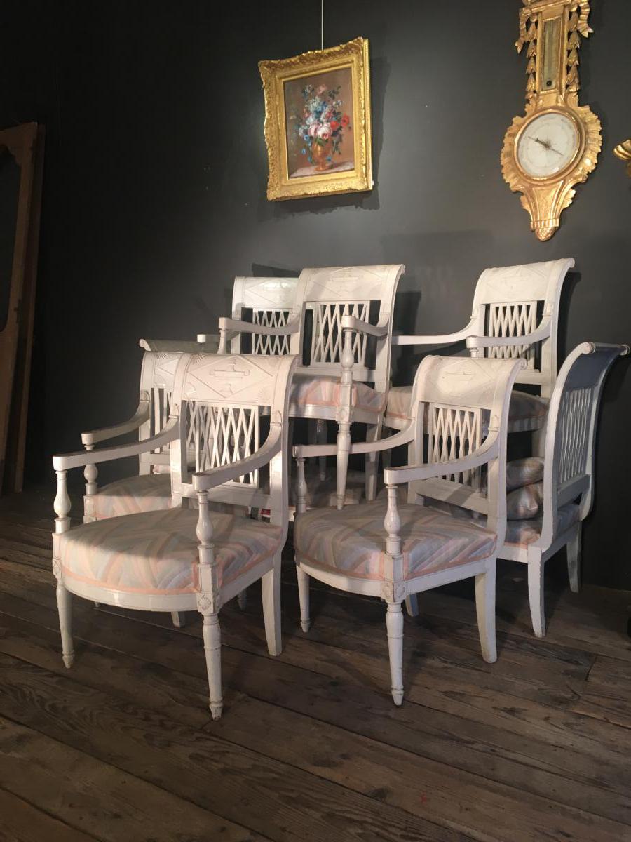 Salon De quatre fauteuils plus une banquette.Epoque Directoire.-photo-5