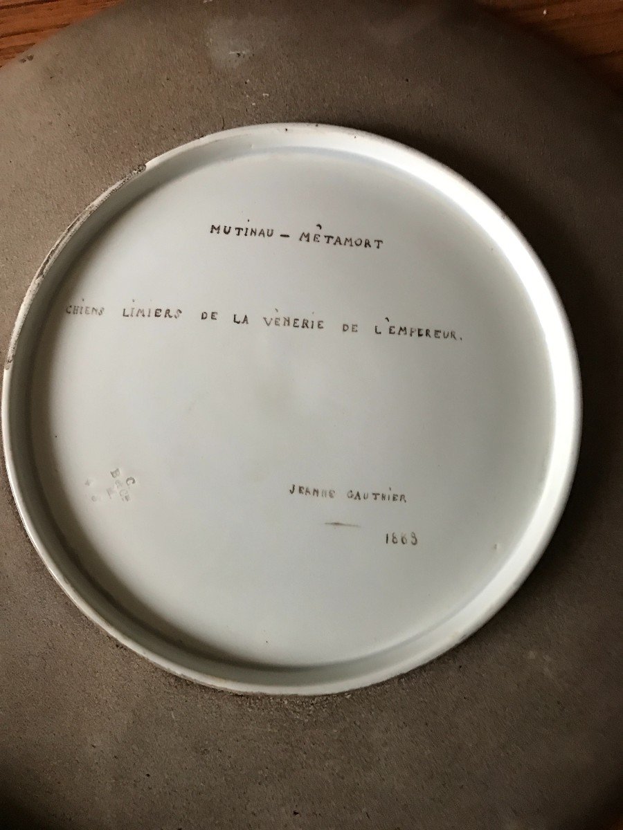 2 Rare Montereau Earthenware Dish Hunting Theme Signed -photo-2