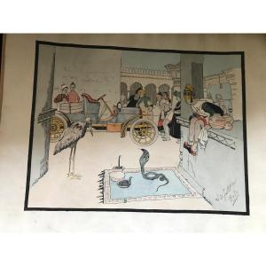 Superb Drawing 1908 Signed "the Arrival Of An Orientalist Automobile"