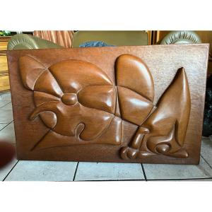 Rare Bas Relief In Very Thick Wood "free Form" 1974 By Michel Guignard