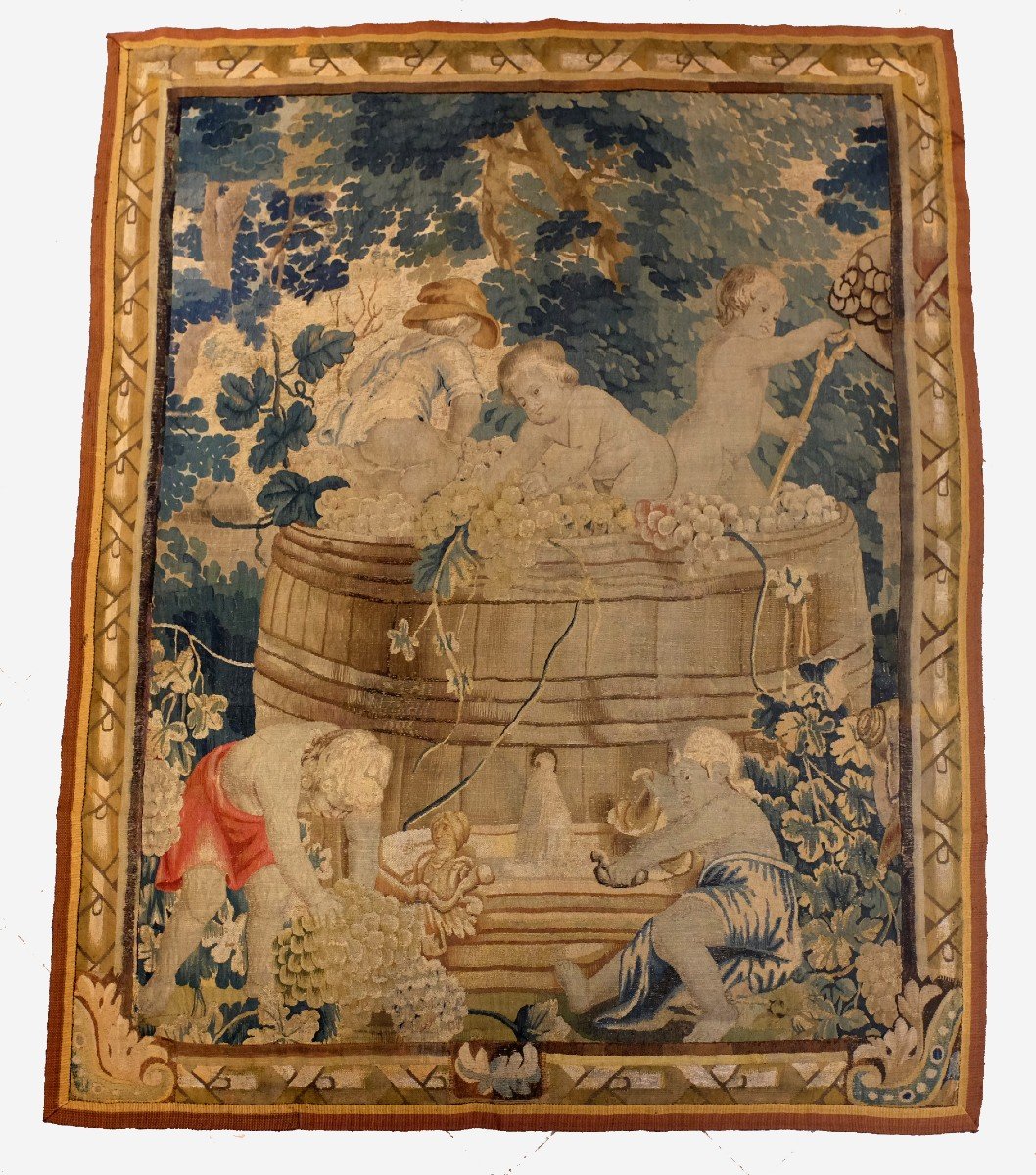 Flanders Tapestry Harvest Scene, Late 17th Century. Children At The Wine Press