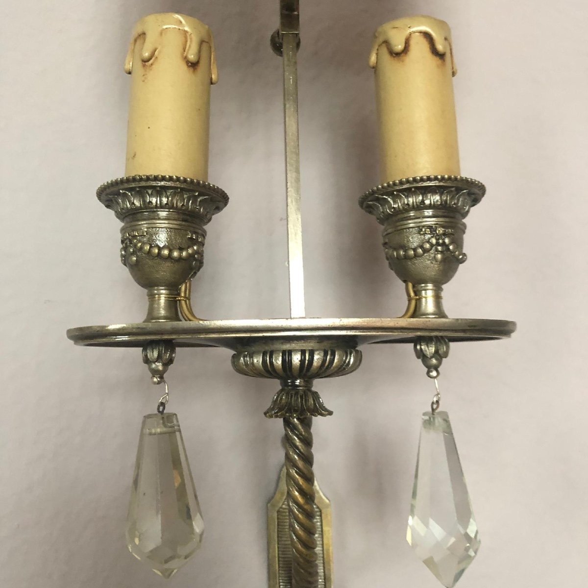 Interesting Pair Of Bronze And Crystal Sconces-photo-3