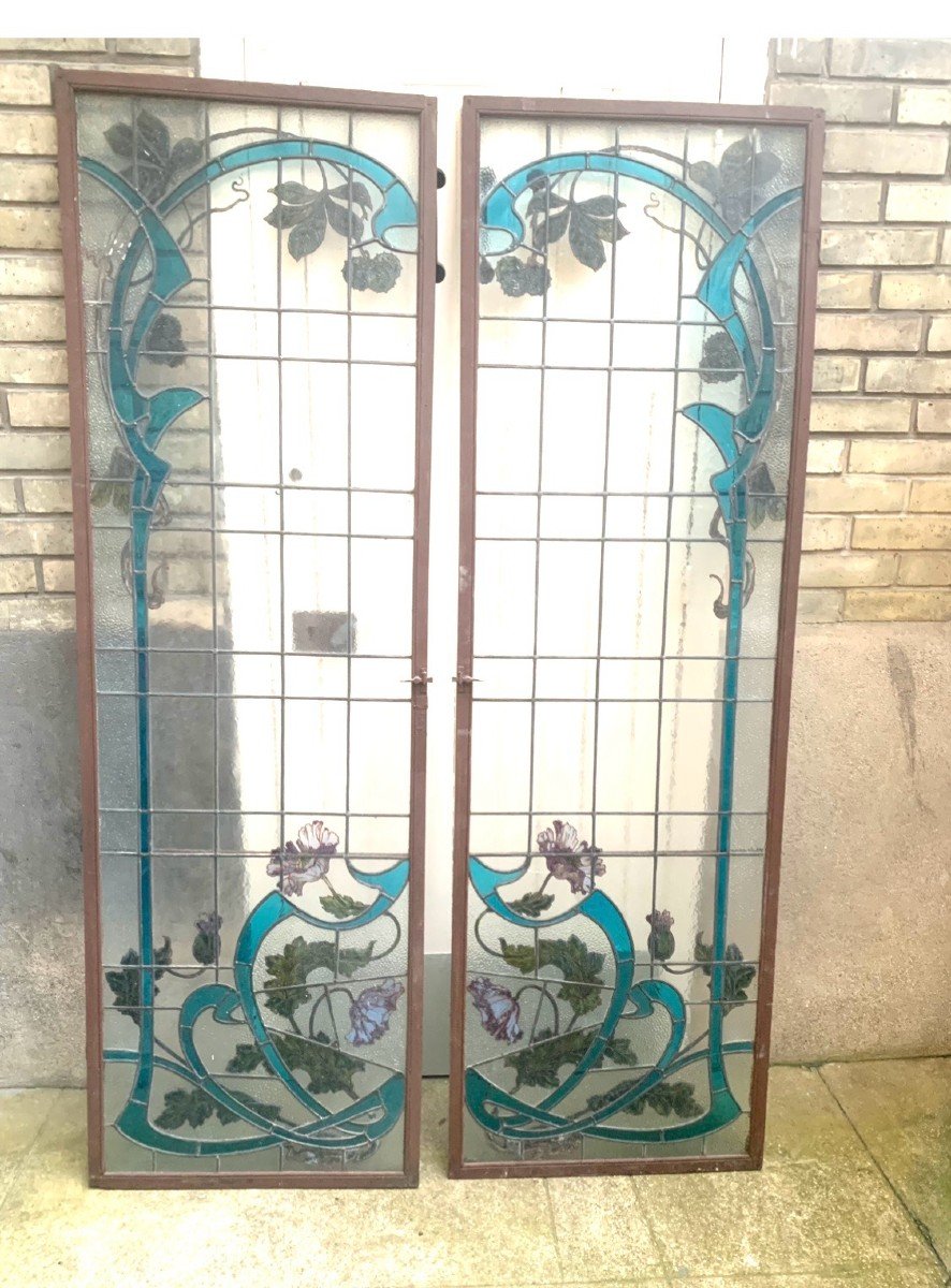 Paire de vitraux Art Nouveau-photo-2