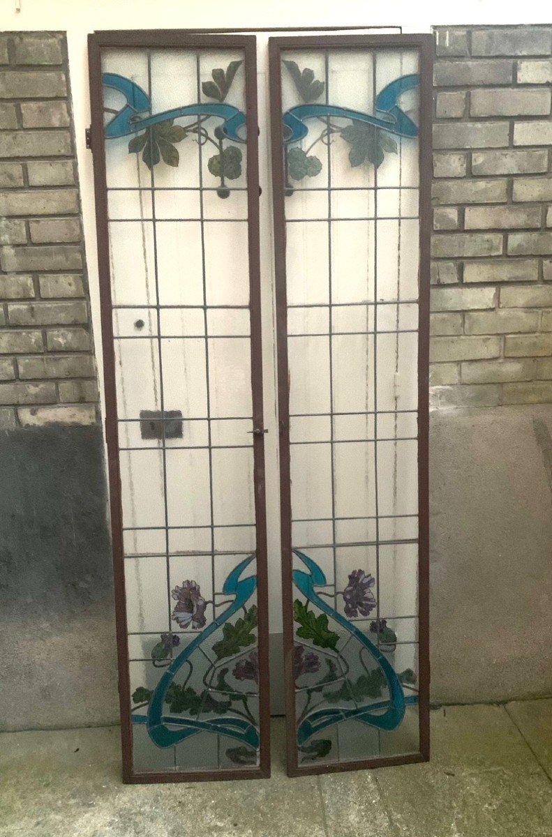 Pair Of Art Nouveau Stained Glass Windows-photo-2