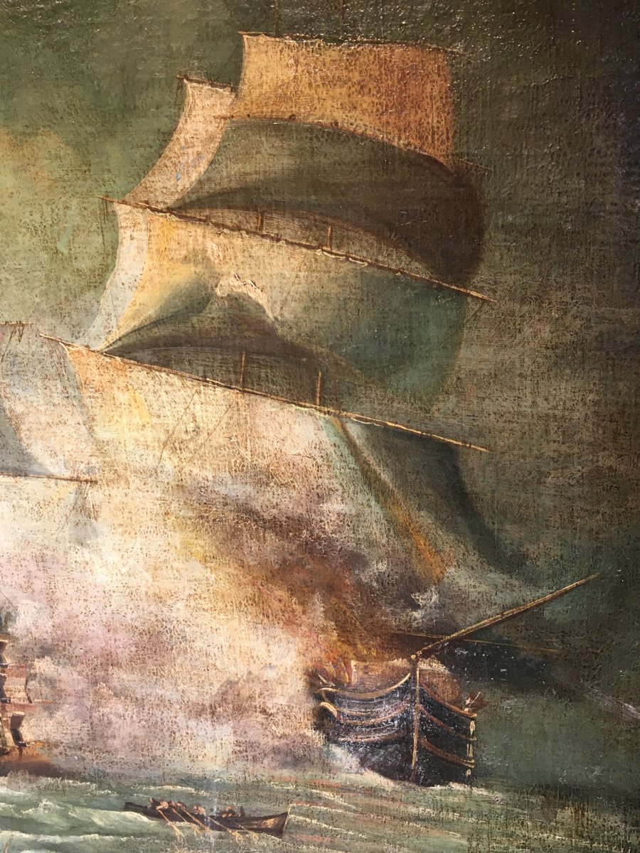 Oil On Canvas Representing A Naval Battle.-photo-4