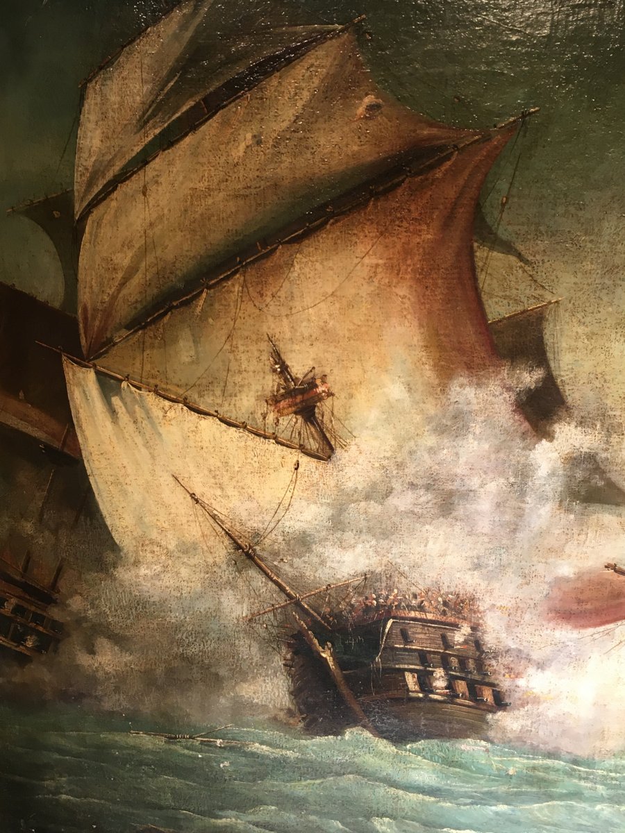 Oil On Canvas Representing A Naval Battle.