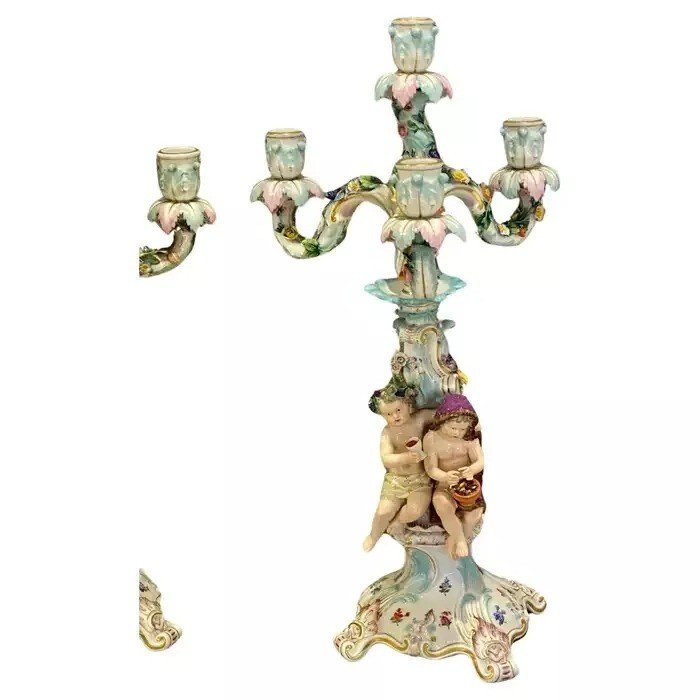 A Large Fine Pair Of Meissen Porcelain Figural Candle Holders Circa 19th Century-photo-4