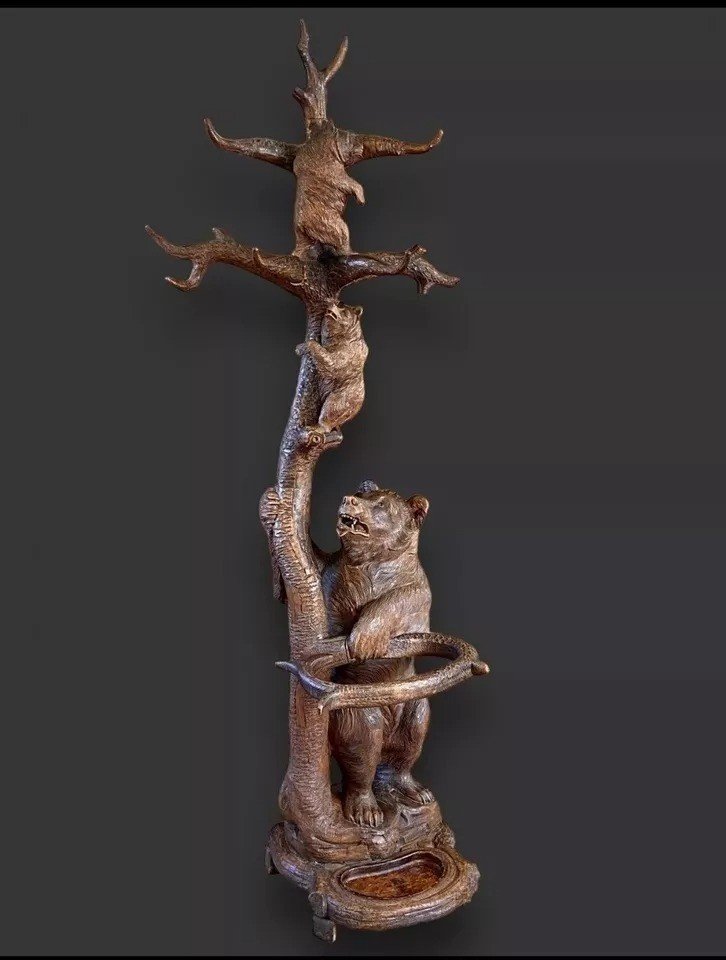 A Large Antique 'black Forest' Carved Wood Bear Hall Coat Stick Stand Circa 1880-photo-2