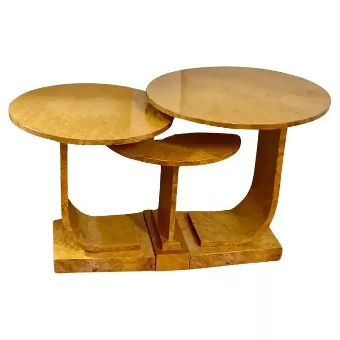 Rare Nest De Tables Art Déco En érable Blond à œil De Perdrix Par Epstein, Circa 1930-photo-3