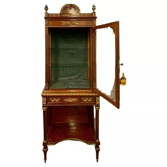 Vitrine En Bronze Doré, Mahogany Et Parqueterie Française Sur Pied-photo-5