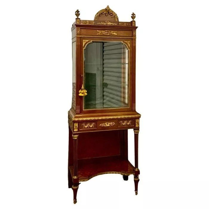 Vitrine En Bronze Doré, Mahogany Et Parqueterie Française Sur Pied