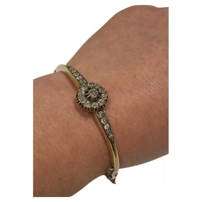 An Antique Victorian Gold And Old Cut Diamond Cluster Bangle Circa 1880