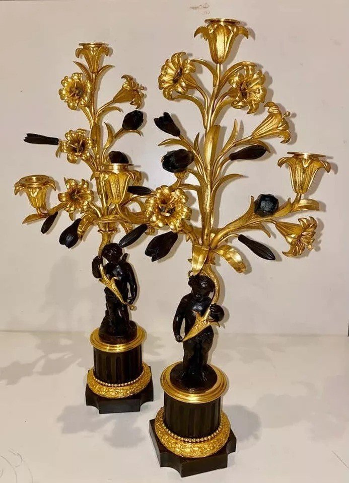 Fine Pair Of French Gilt & Patinated Bronze Ormolu 3 Light Candelabra-photo-2