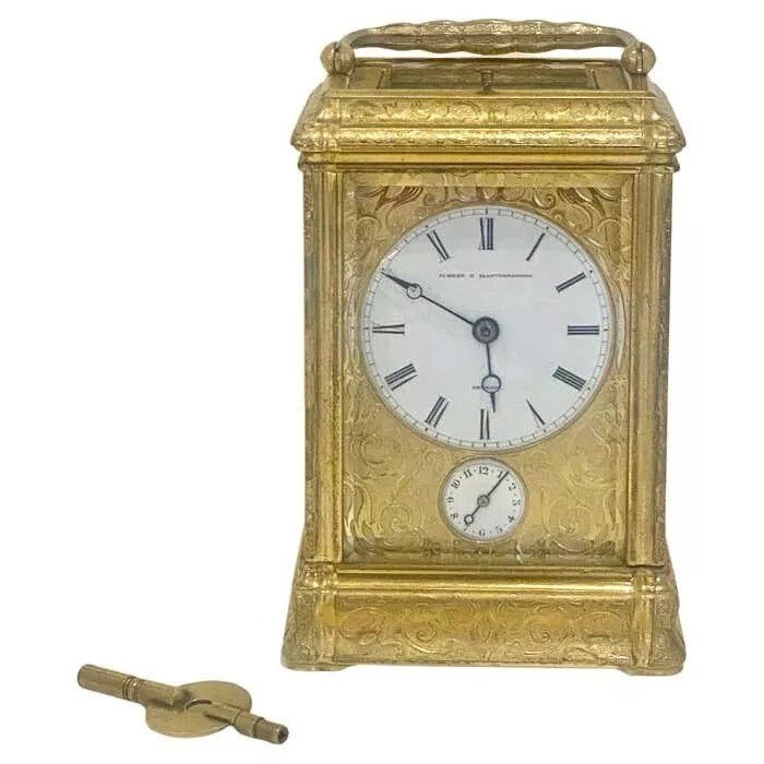 Profusely Engraved To All Sides Gilt Bronze Carriage Clock, Circa 1860