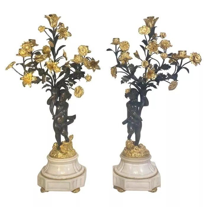 Antiqie Pair Large Impressive French Bronze Dore 5 Light Cherub Putti Candelabra-photo-1