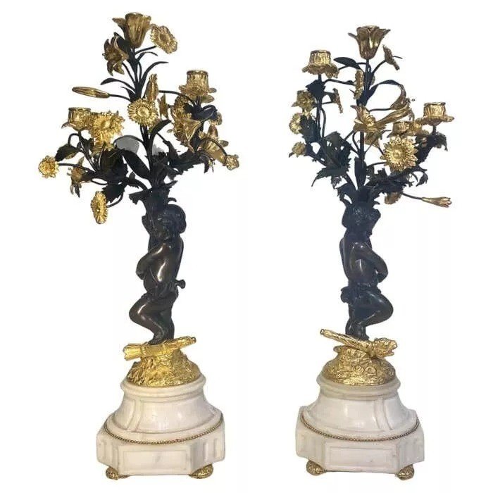 Antiqie Pair Large Impressive French Bronze Dore 5 Light Cherub Putti Candelabra-photo-5